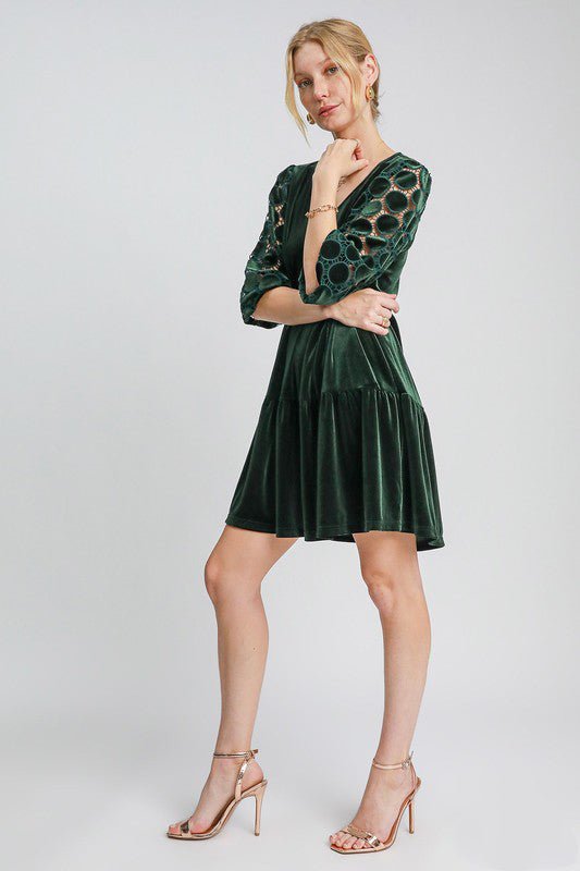 UMGEE - Dark Green Polka Dot Lace Sleeve Tiered Velvet Mini Dress