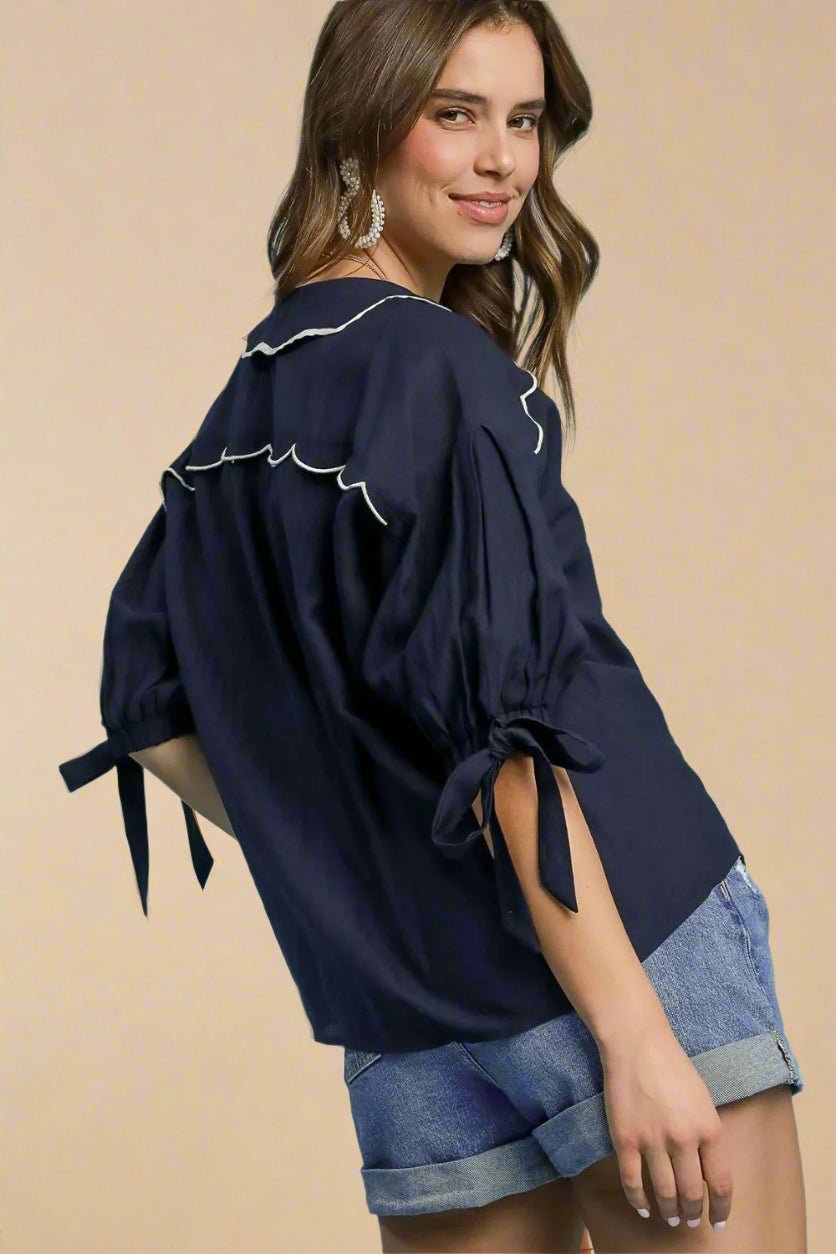 UMGEE - Dark Navy Ruffle Trim Blouse