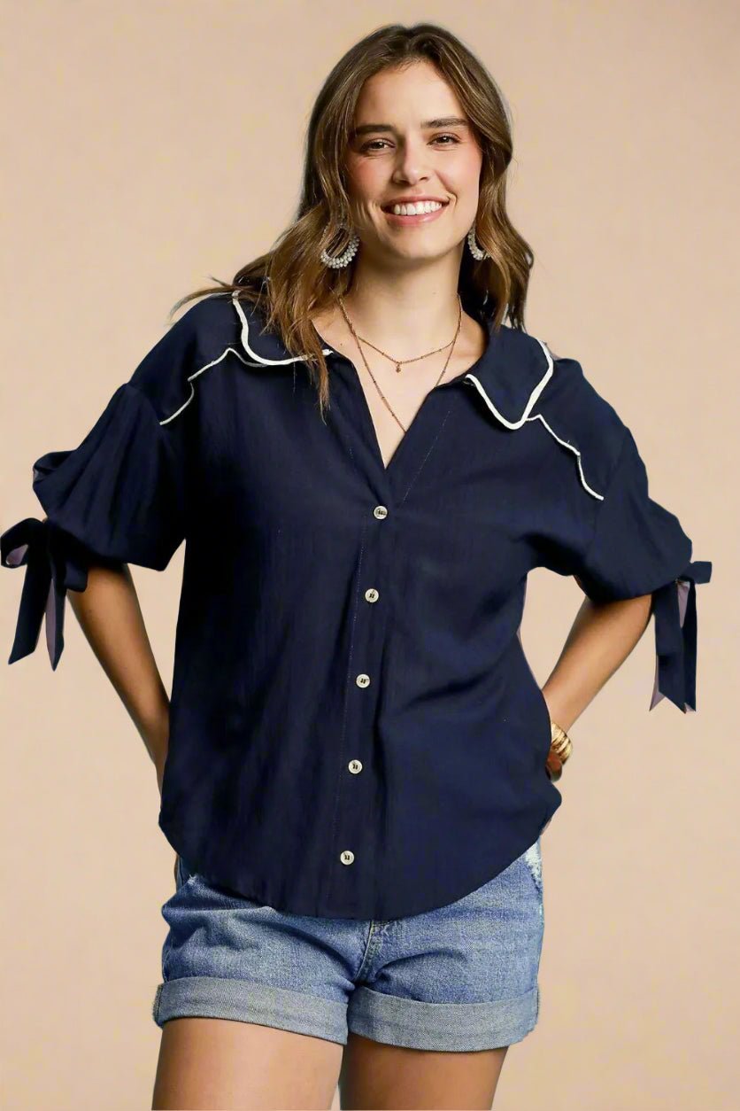 UMGEE - Dark Navy Ruffle Trim Blouse