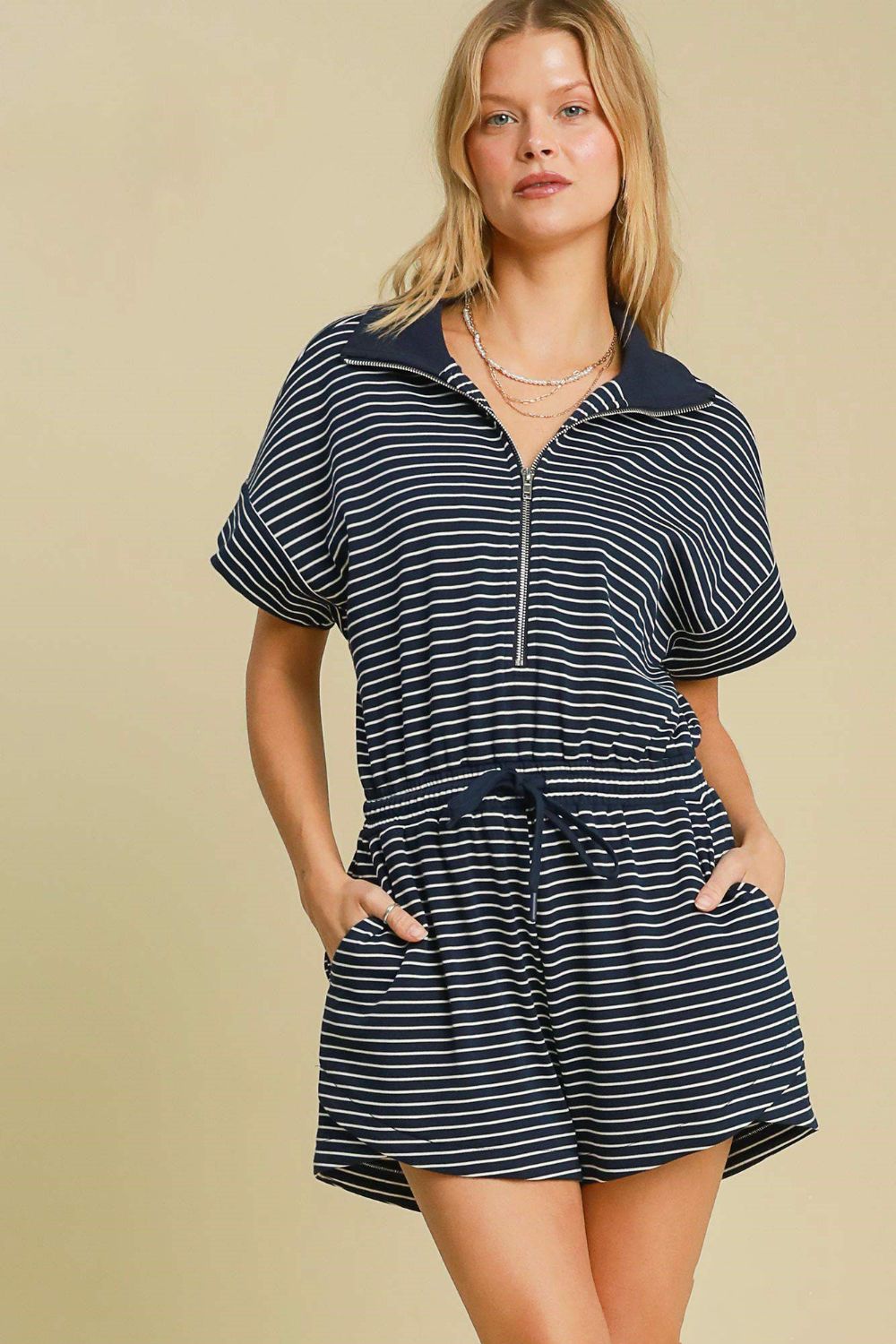 UMGEE - Dark Navy Striped Half - Zip Collared Romper