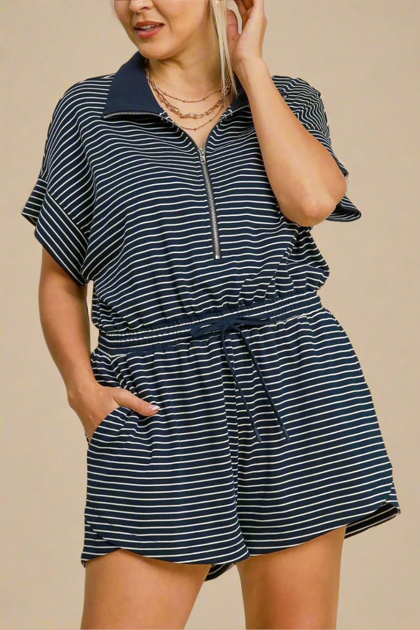 UMGEE - Dark Navy Striped Half - Zip Collared Romper
