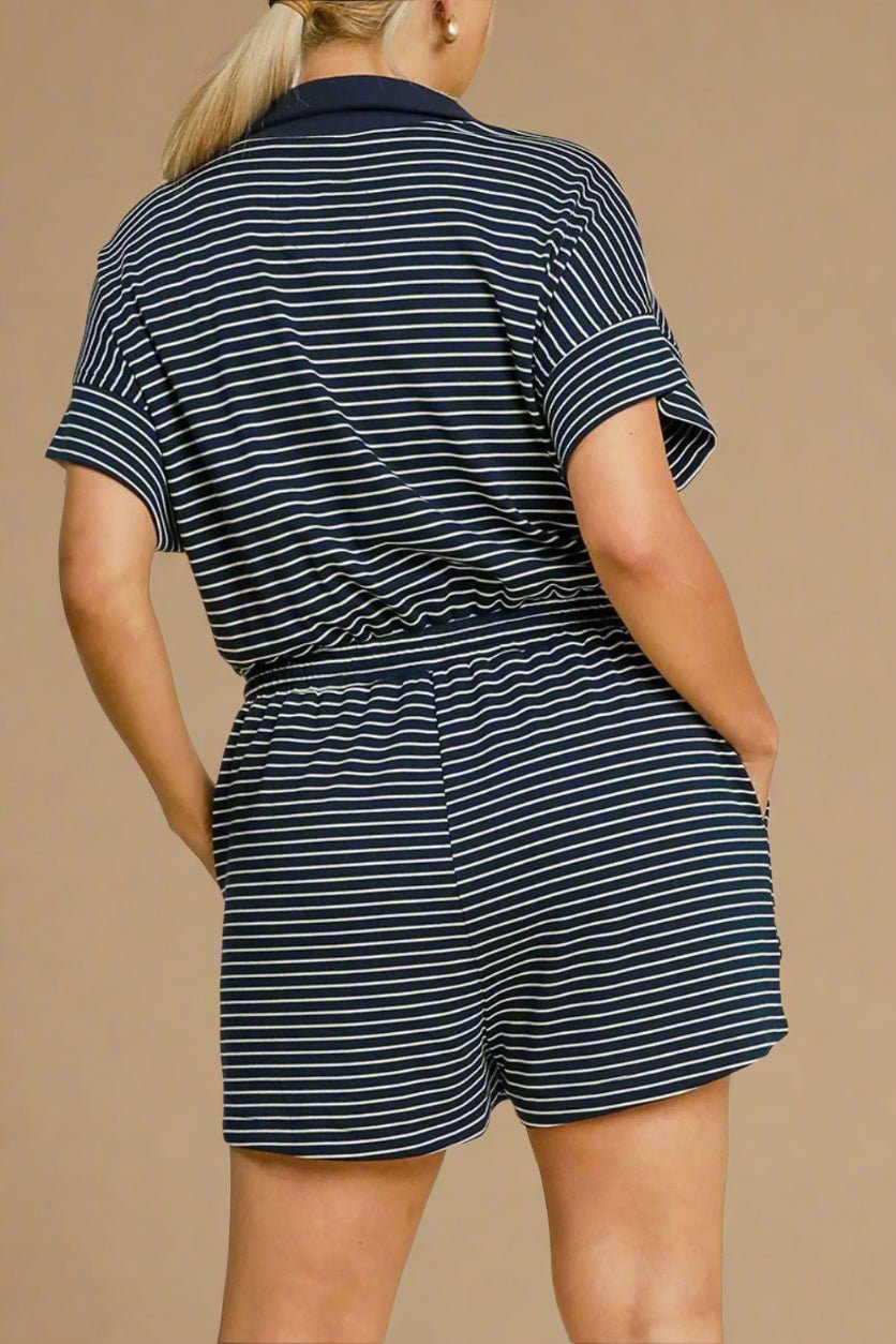 UMGEE - Dark Navy Striped Half - Zip Collared Romper