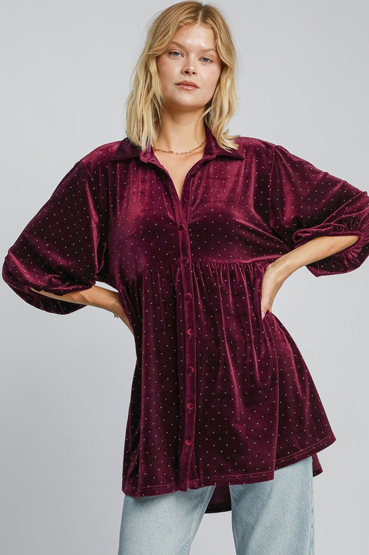 UMGEE - Ditsy Dot Velvet Top in Burgundy