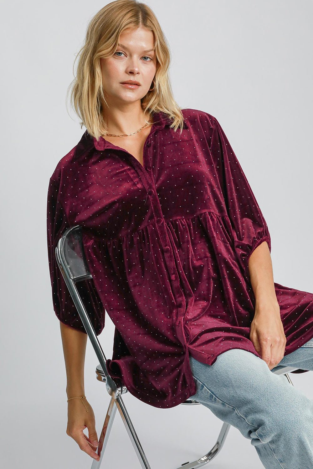 UMGEE - Ditsy Dot Velvet Top in Burgundy