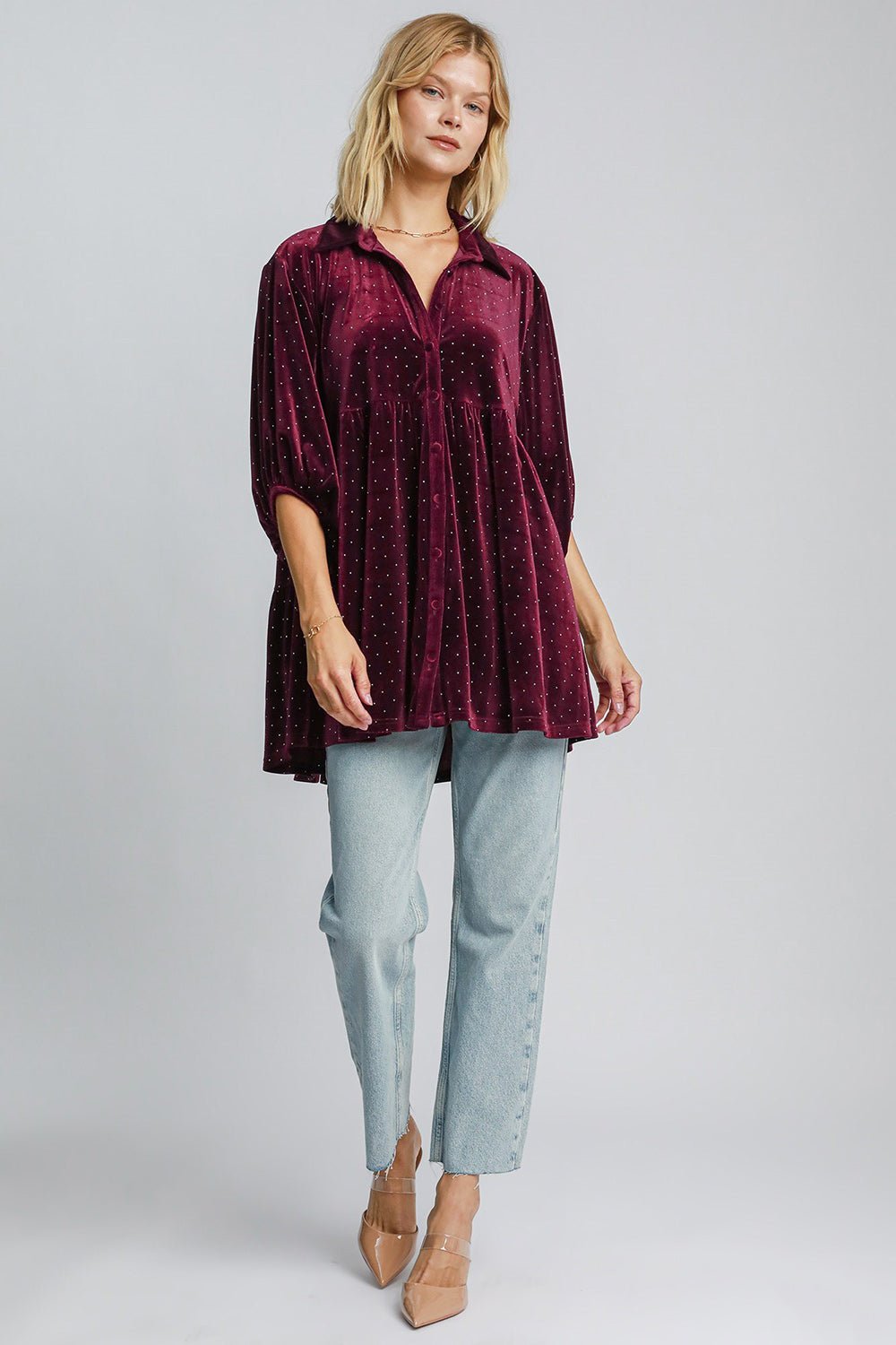 UMGEE - Ditsy Dot Velvet Top in Burgundy