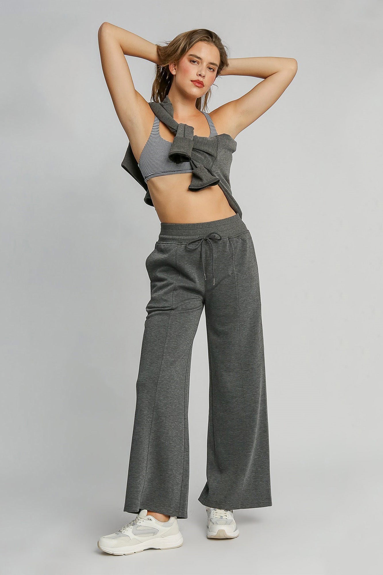 UMGEE - Drawstring Waist Wide Leg Pants in Charcoal