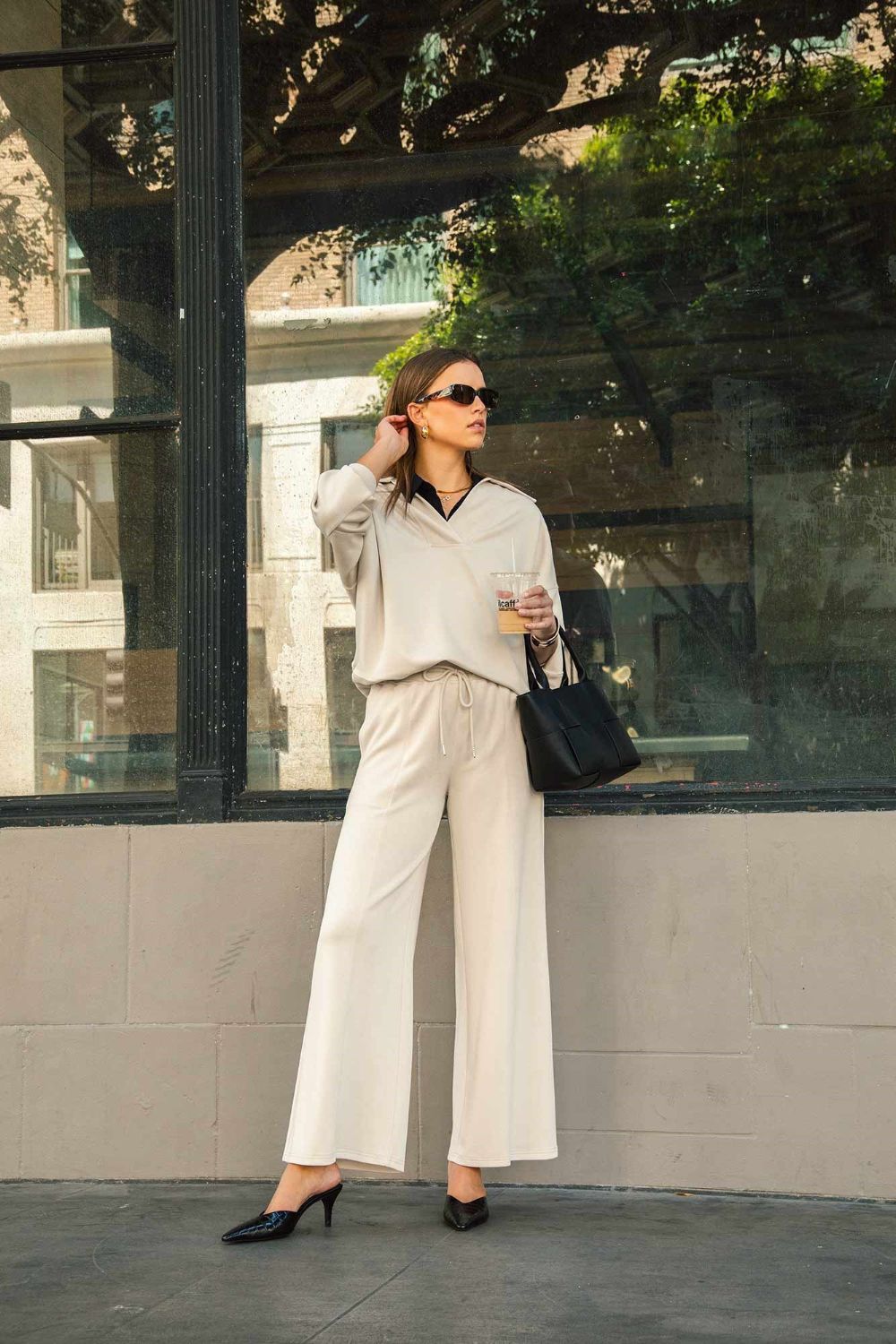 UMGEE - Drawstring Waist Wide Leg Pants in Ecru