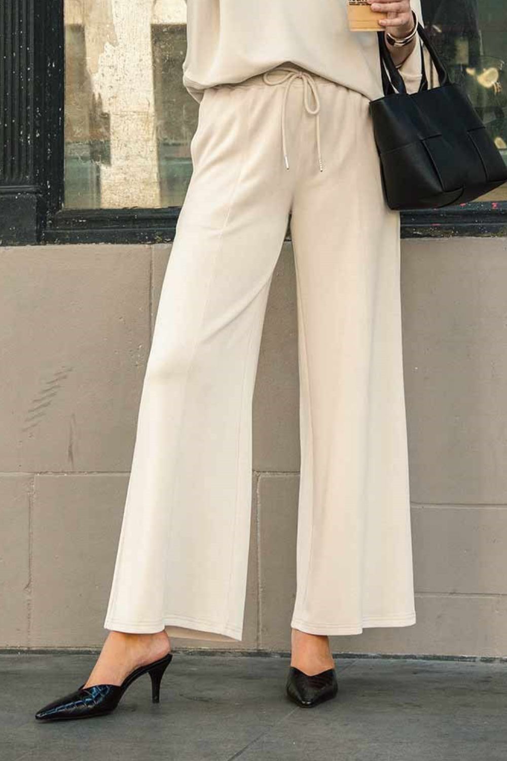 UMGEE - Drawstring Waist Wide Leg Pants in Ecru