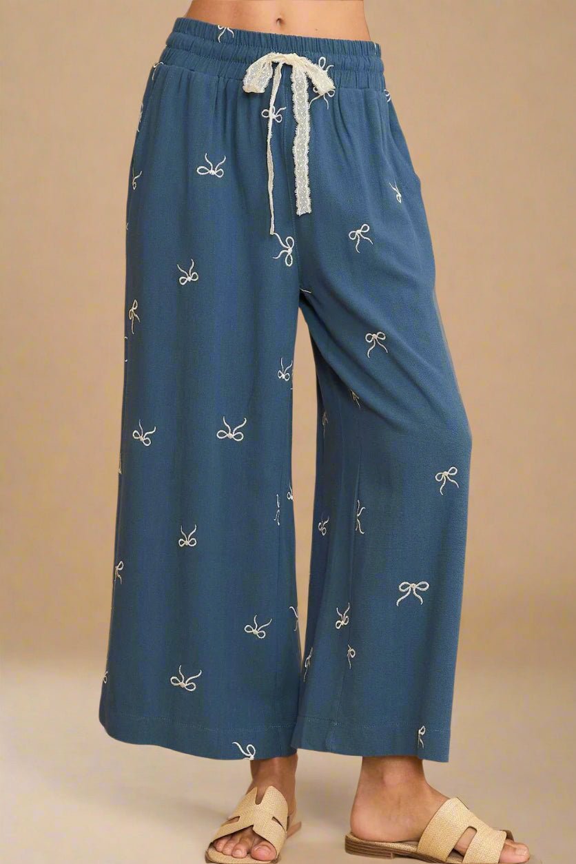UMGEE - Dusty Blue Embroidered Bows Wide Leg Pants