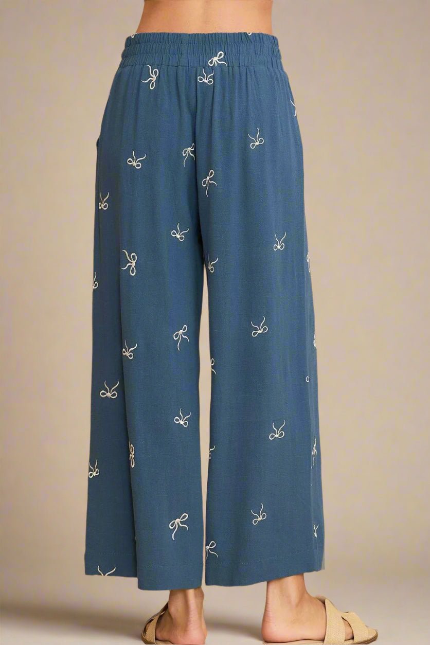 UMGEE - Dusty Blue Embroidered Bows Wide Leg Pants
