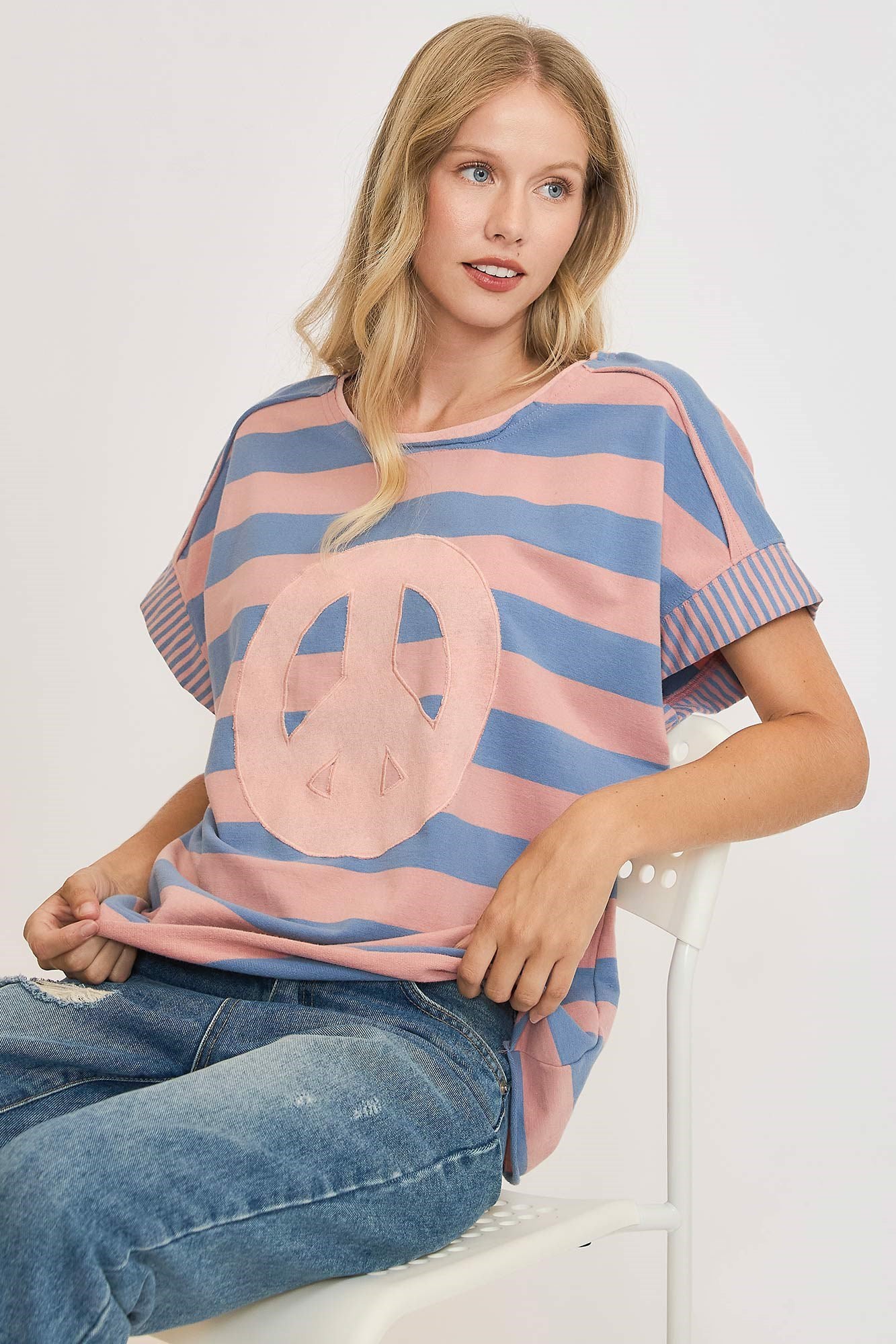 UMGEE - Dusty Blue Striped Peace Sign Patch T-Shirt