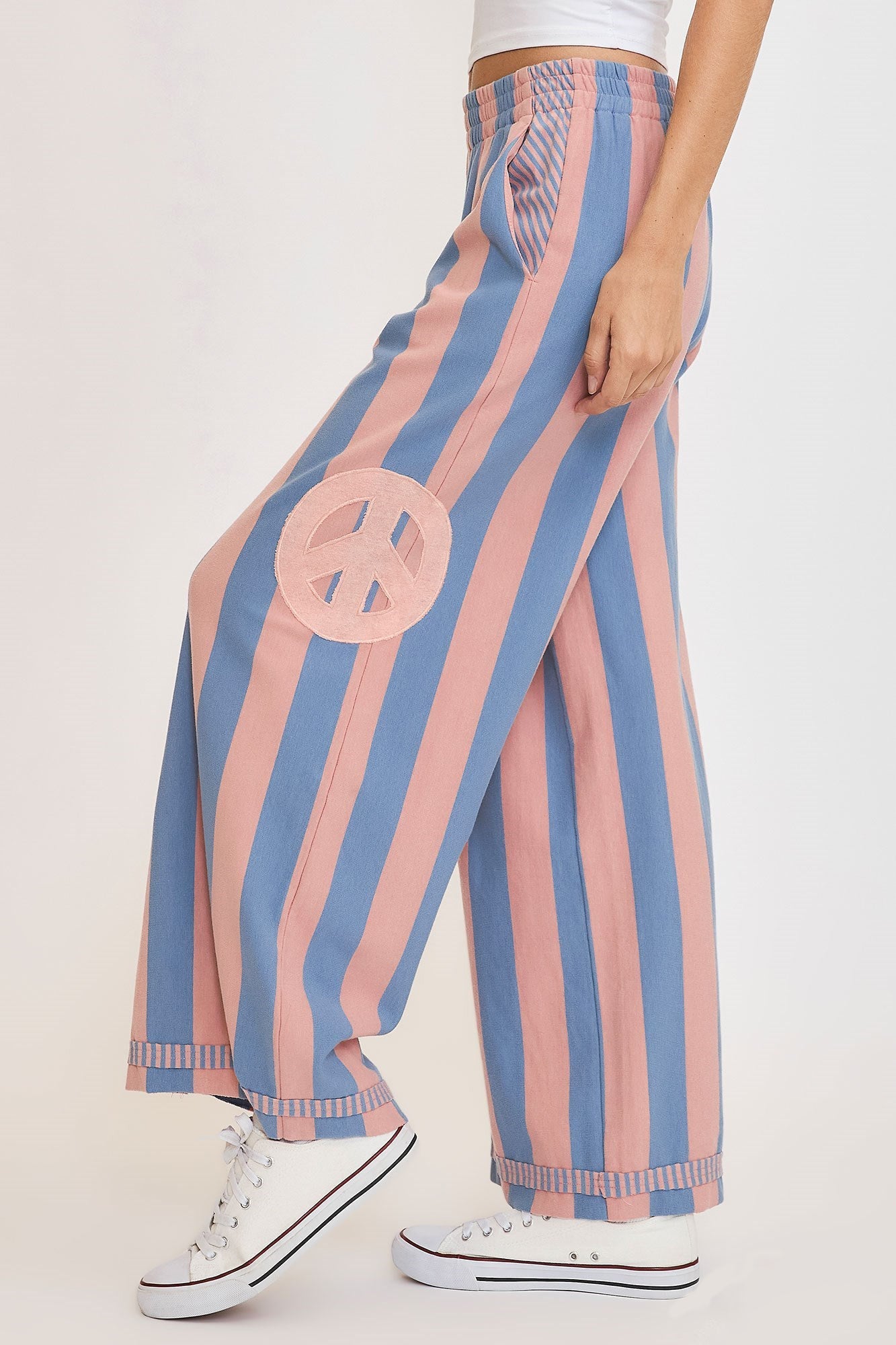 UMGEE - Dusty Blue Striped Peace Sign Patch Wide Leg Pants