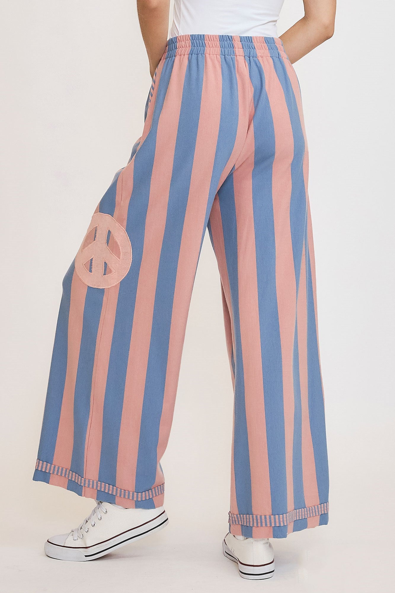 UMGEE - Dusty Blue Striped Peace Sign Patch Wide Leg Pants