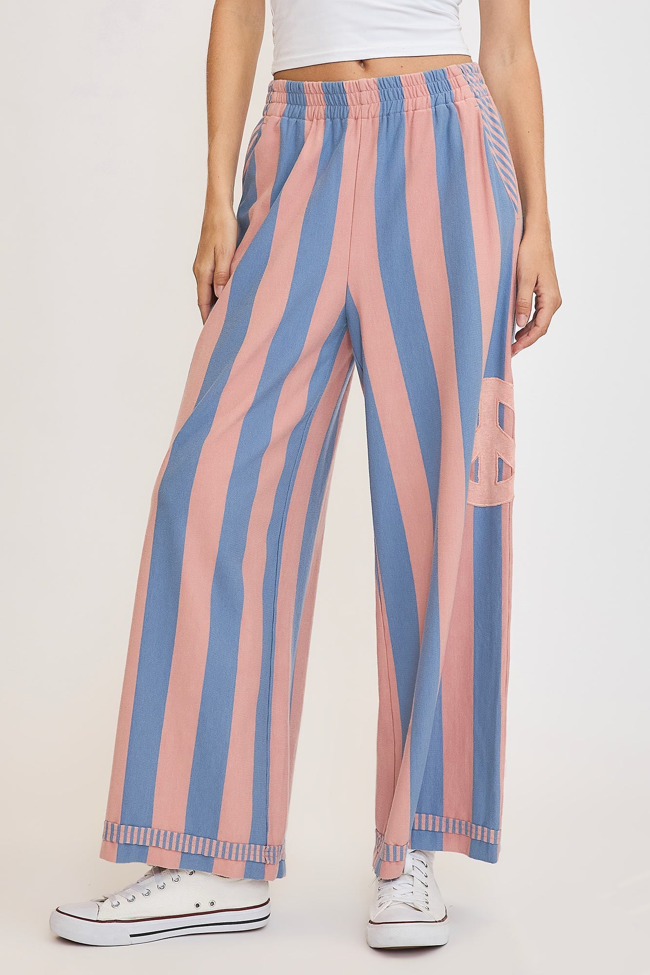 UMGEE - Dusty Blue Striped Peace Sign Patch Wide Leg Pants