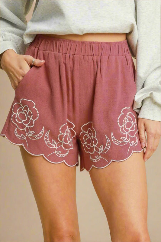 UMGEE - Dusty Pink Scalloped Embroidered Rose Shorts