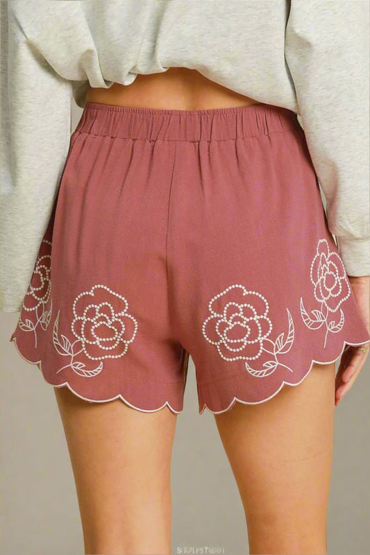 UMGEE - Dusty Pink Scalloped Embroidered Rose Shorts