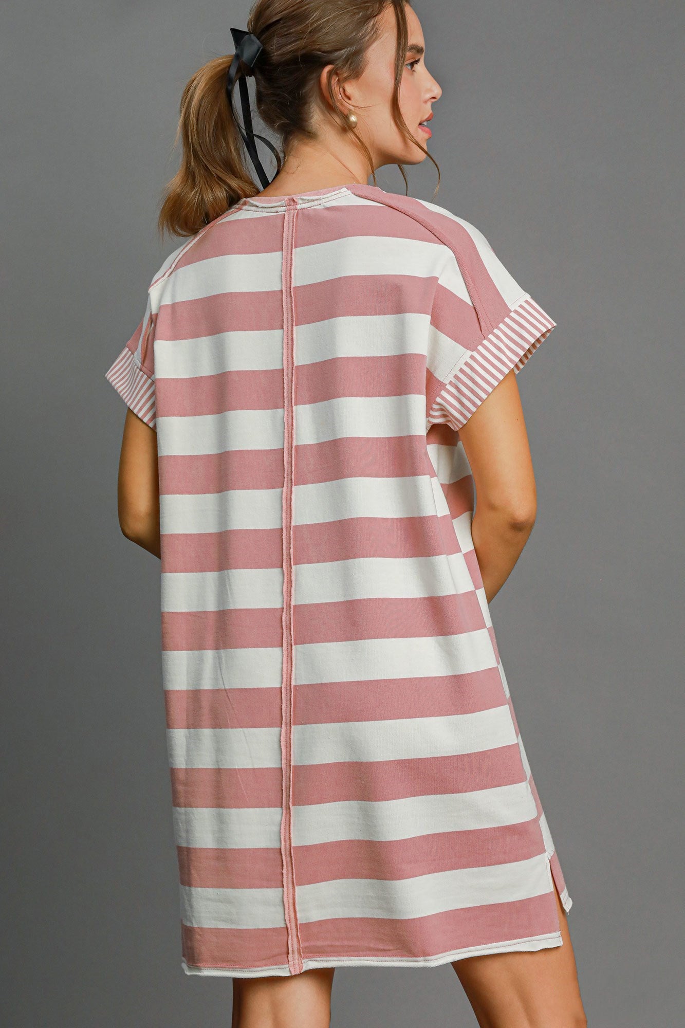 UMGEE - Dusty Pink Striped Peace Applique Short Sleeve Mini Dress