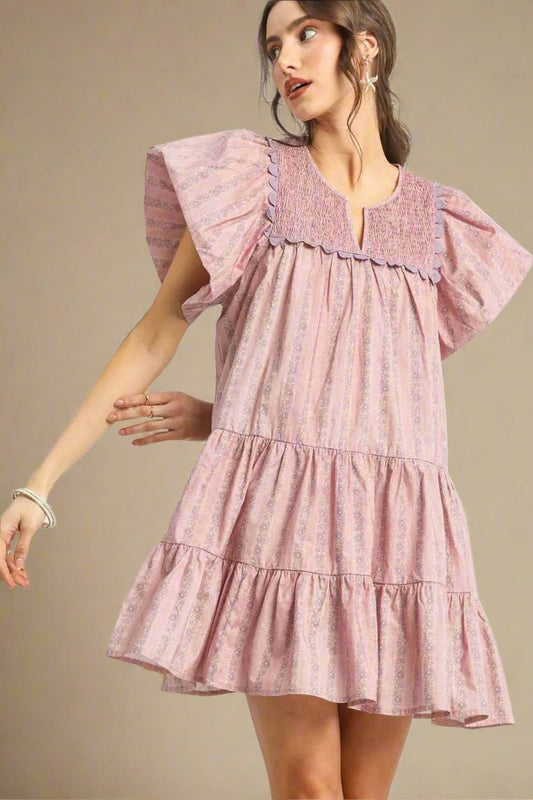 UMGEE - Dusty Rose Floral Flutter Sleeve Tiered Mini Dress