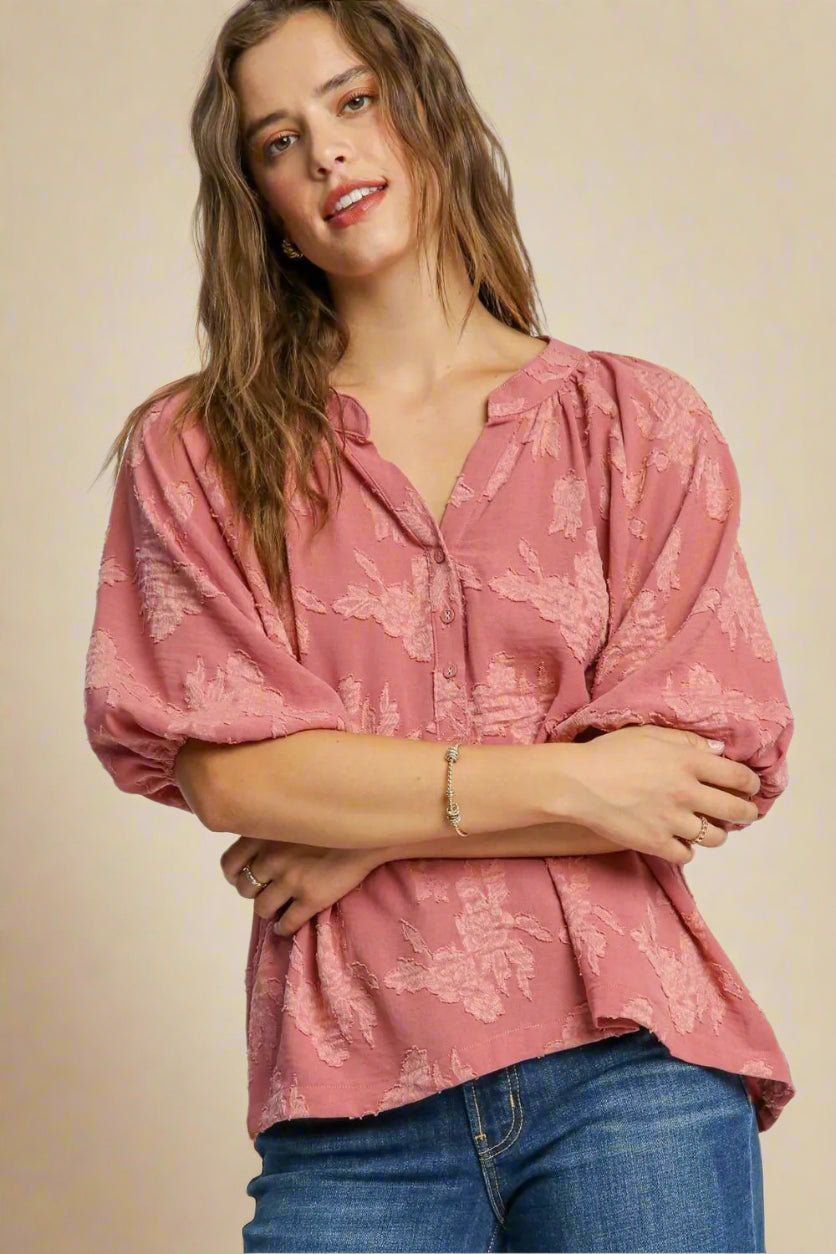 UMGEE - Dusty Rose Textured Split Neck Top