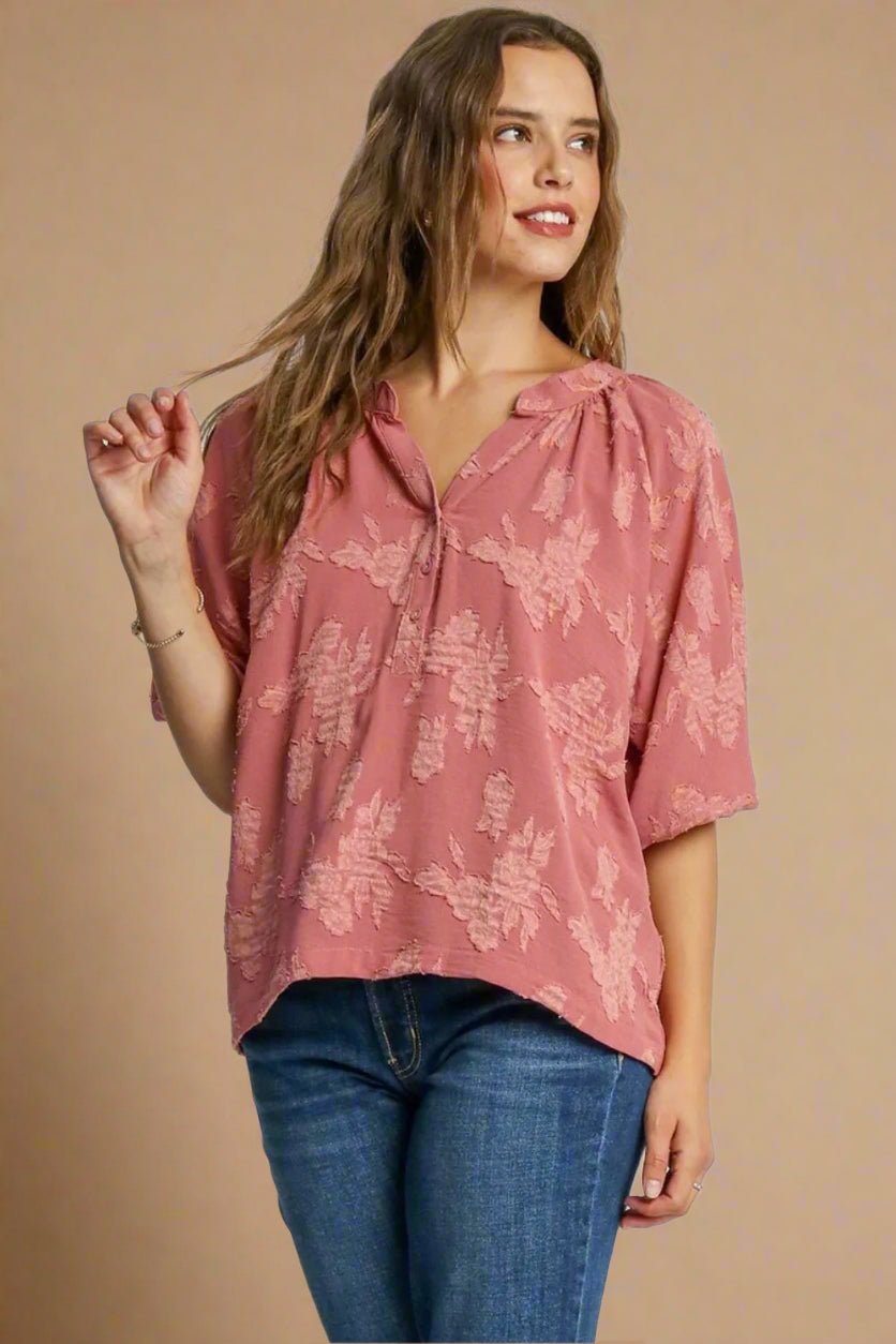 UMGEE - Dusty Rose Textured Split Neck Top