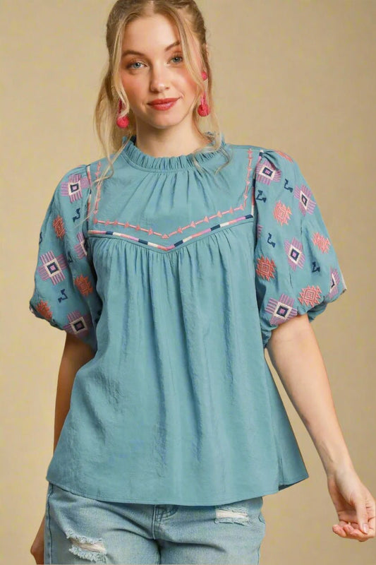 UMGEE - Dusty Teal Embroidered Puff Sleeve Top