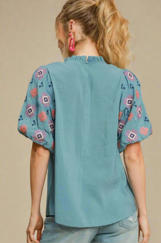UMGEE - Dusty Teal Embroidered Puff Sleeve Top