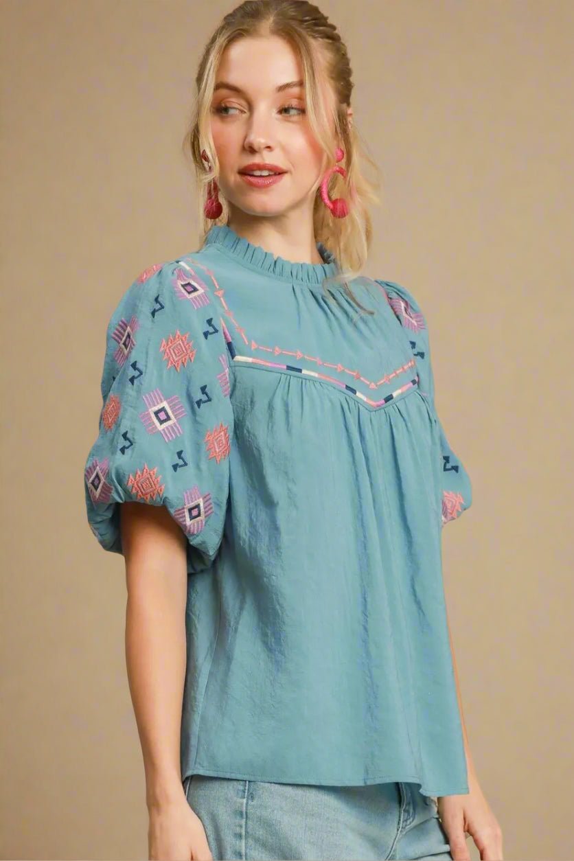 UMGEE - Dusty Teal Embroidered Puff Sleeve Top