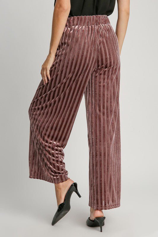 UMGEE - Elastic Waist Wide Leg Velvet Pants in Burgundy Stripe