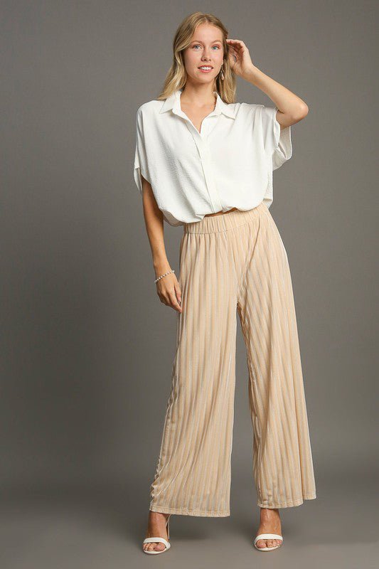 UMGEE - Elastic Waist Wide Leg Velvet Pants in Tan Stripe