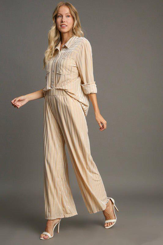 UMGEE - Elastic Waist Wide Leg Velvet Pants in Tan Stripe