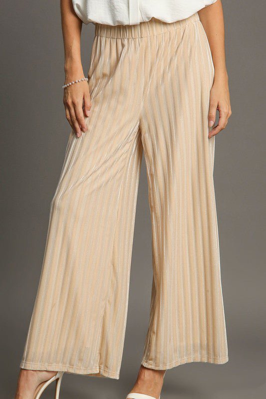 UMGEE - Elastic Waist Wide Leg Velvet Pants in Tan Stripe