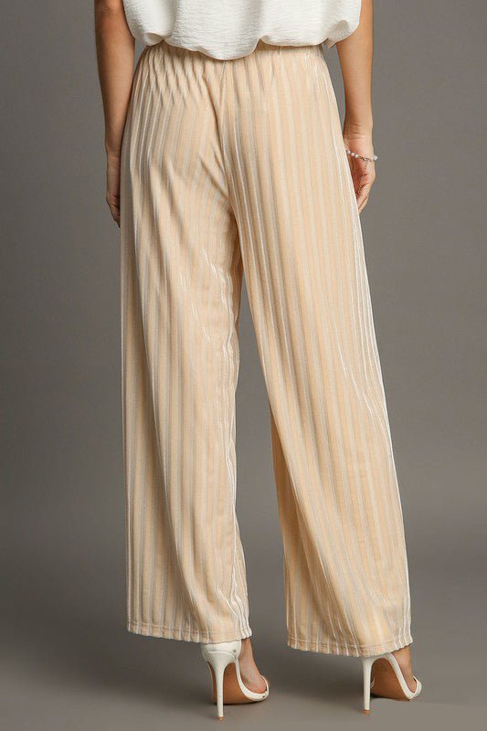 UMGEE - Elastic Waist Wide Leg Velvet Pants in Tan Stripe