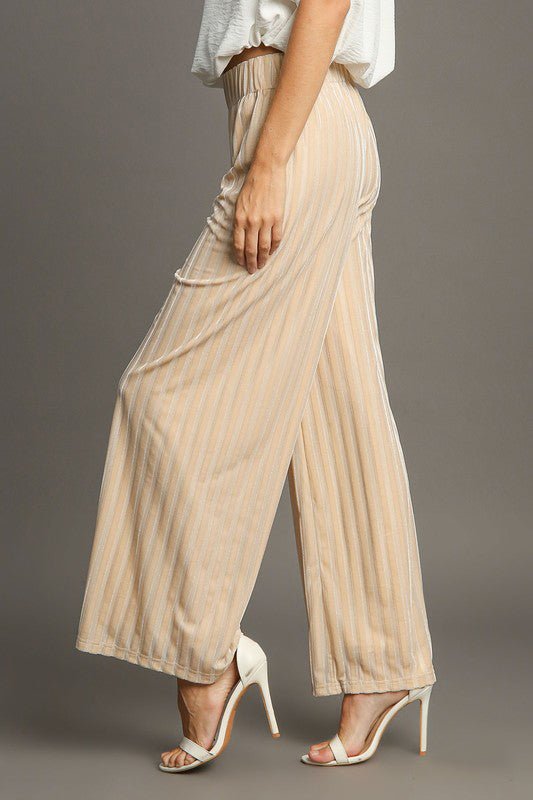 UMGEE - Elastic Waist Wide Leg Velvet Pants in Tan Stripe