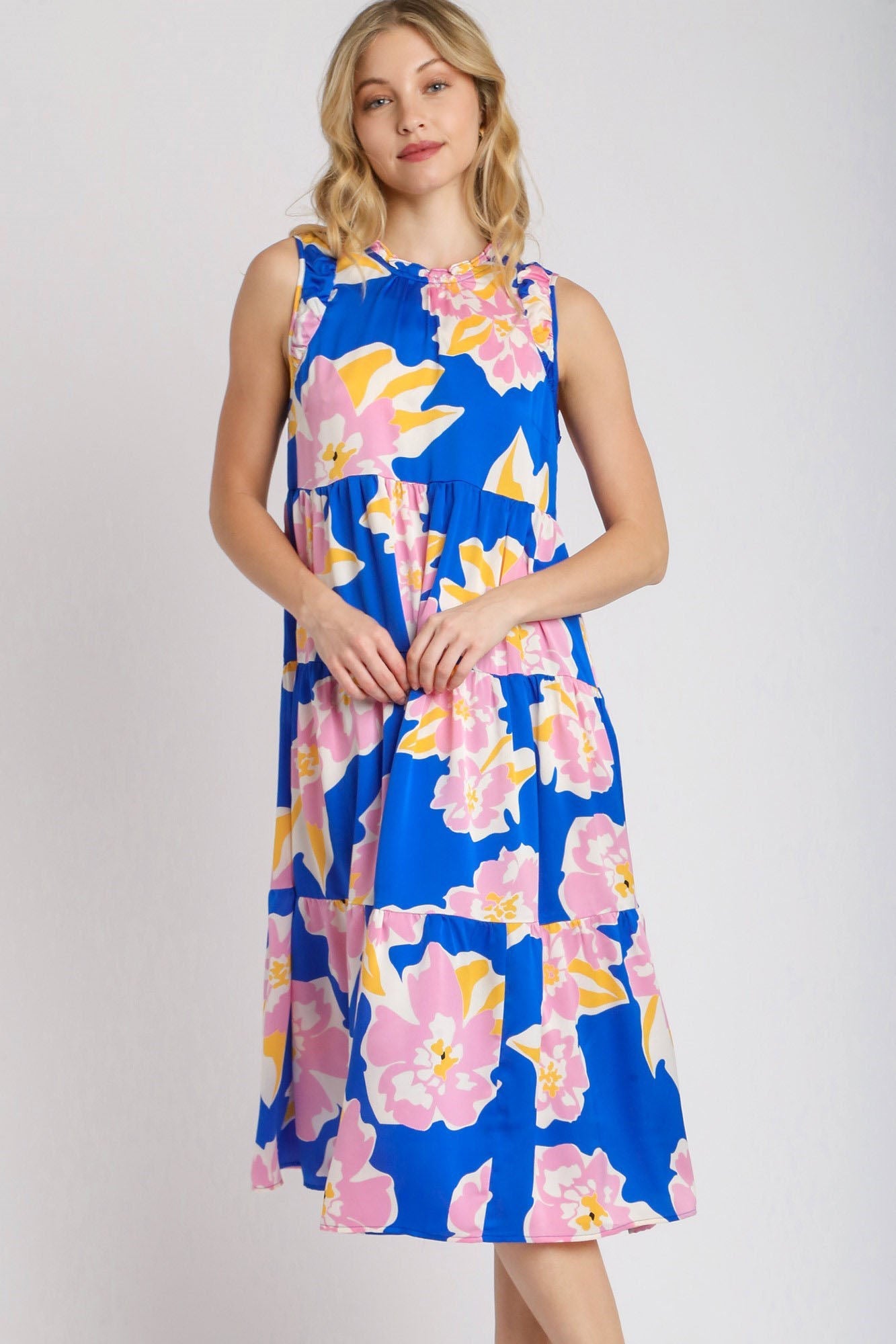 UMGEE - Electric Blue Floral Sleeveless Tiered Midi Dress