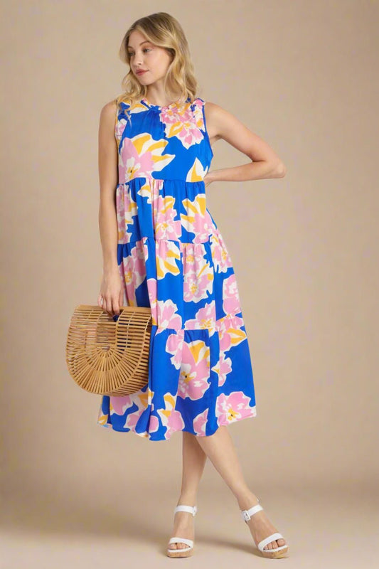 UMGEE - Electric Blue Floral Sleeveless Tiered Midi Dress