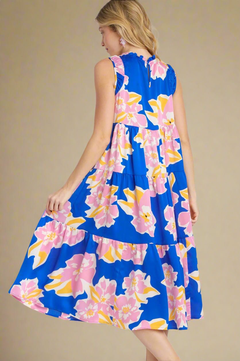 UMGEE - Electric Blue Floral Sleeveless Tiered Midi Dress