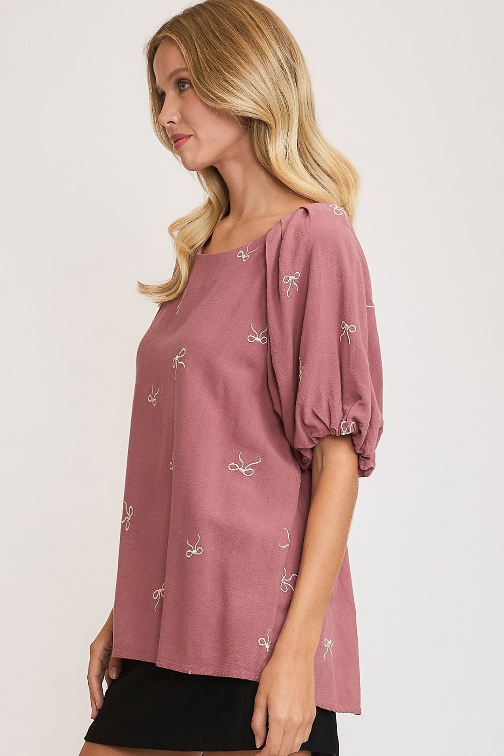 UMGEE - Embroidered Bow Puff Sleeve Top – Mauve Rose