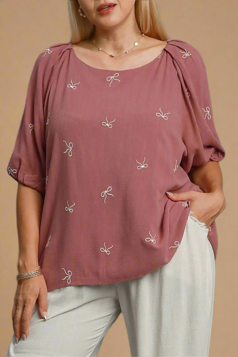 UMGEE - Embroidered Bow Puff Sleeve Top – Mauve Rose