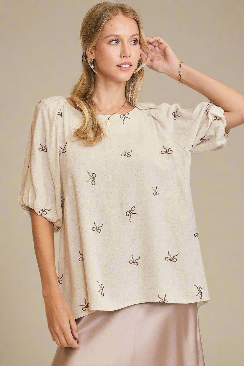 UMGEE - Embroidered Bow Puff Sleeve Top – Oatmeal