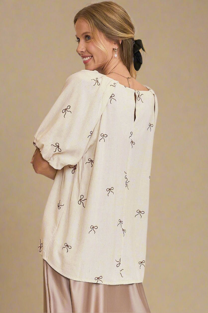 UMGEE - Embroidered Bow Puff Sleeve Top – Oatmeal