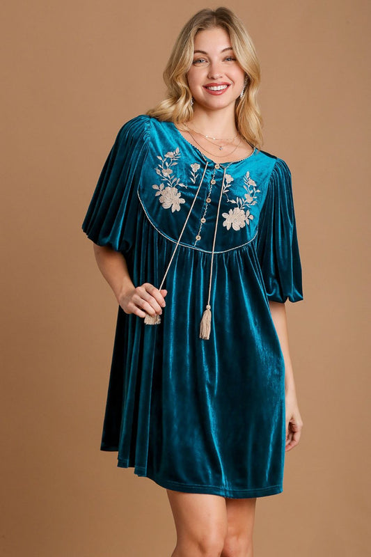 UMGEE - Embroidered Half Sleeve Velvet Mini Dress in Deep Teal