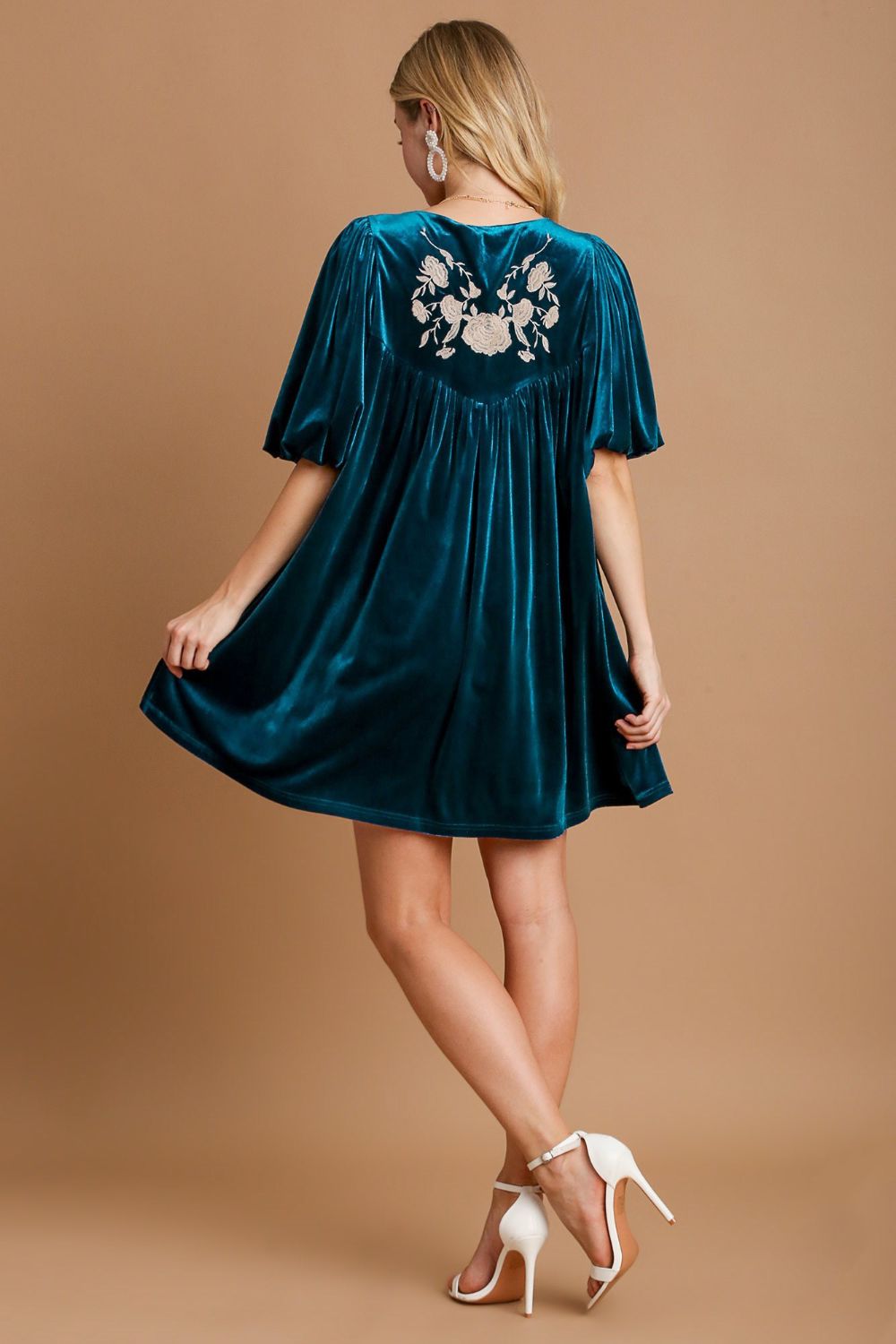 UMGEE - Embroidered Half Sleeve Velvet Mini Dress in Deep Teal