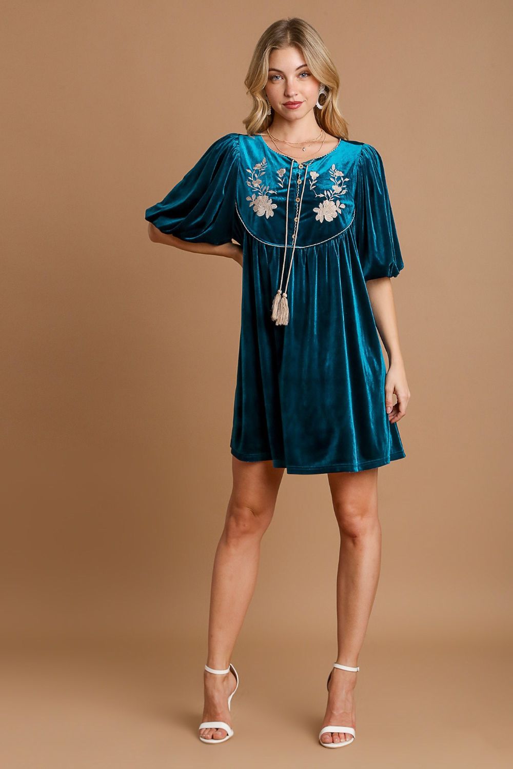 UMGEE - Embroidered Half Sleeve Velvet Mini Dress in Deep Teal