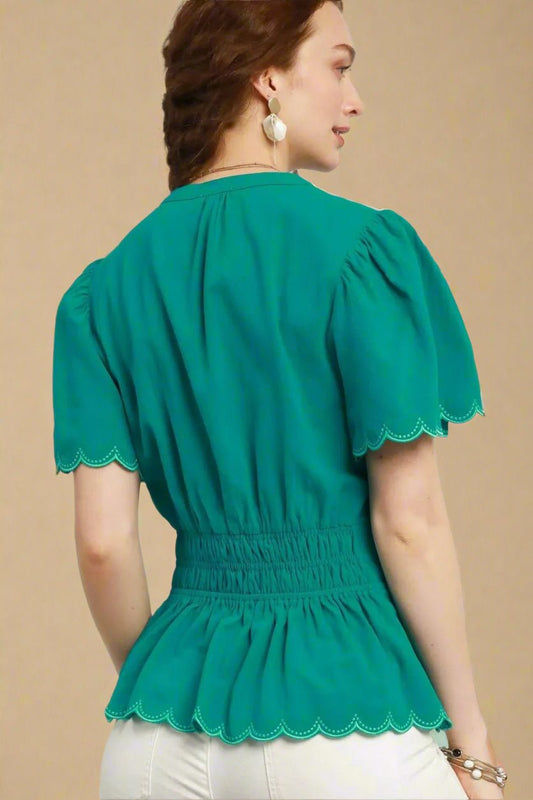 UMGEE - Emerald Green Scallop Trim Peplum Top with Flutter Sleeves