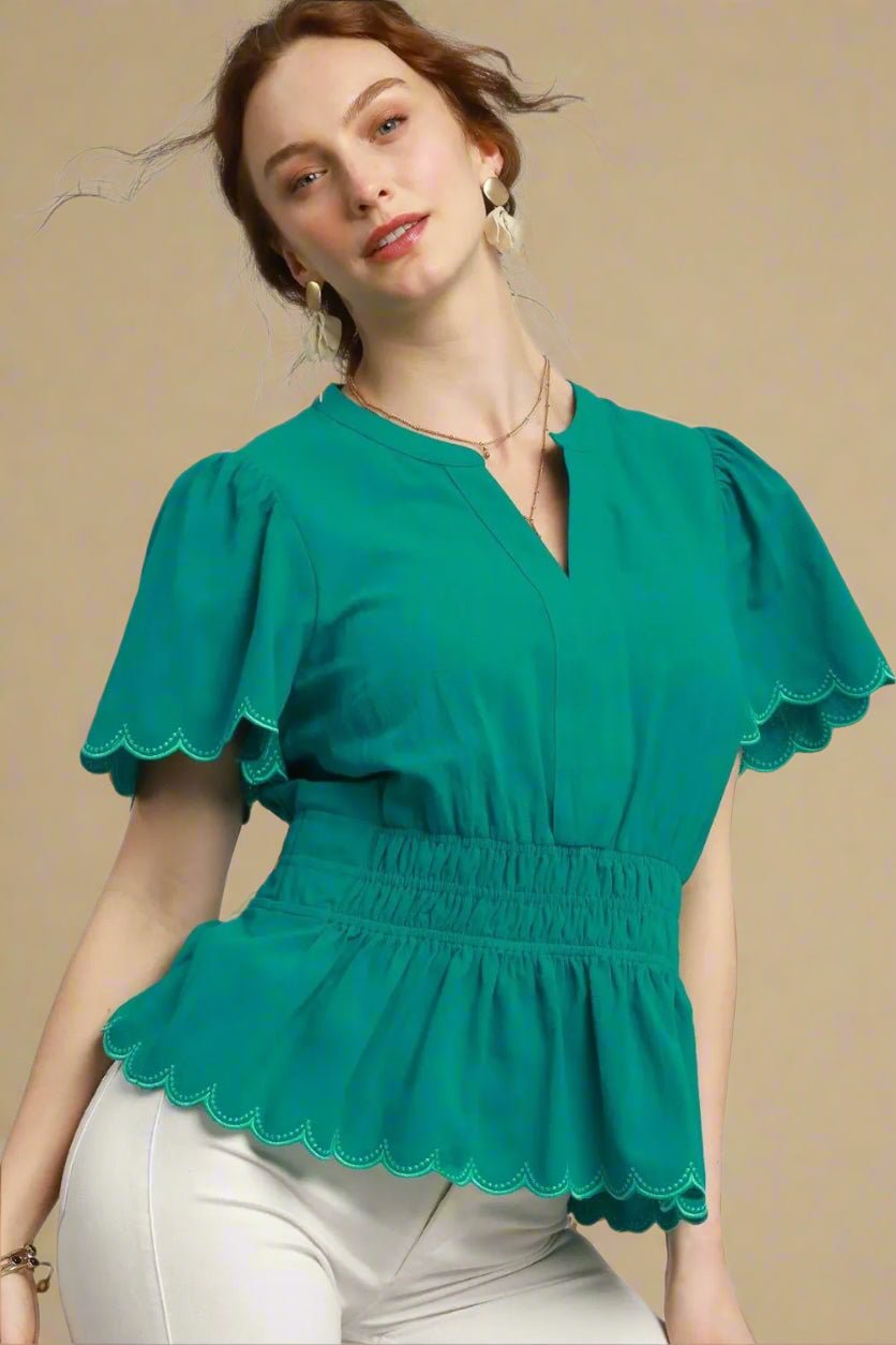 UMGEE - Emerald Green Scallop Trim Peplum Top with Flutter Sleeves