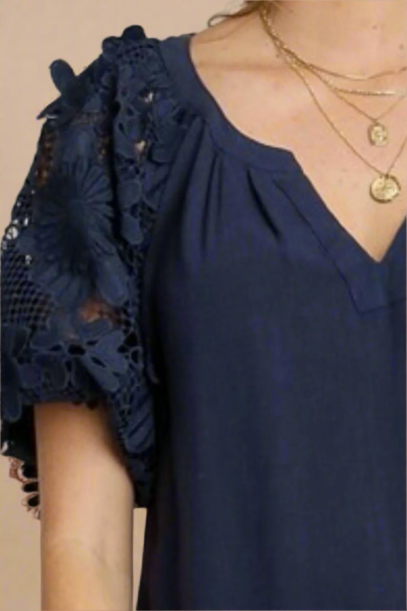 UMGEE - Floral Lace Sleeve Navy Blouse