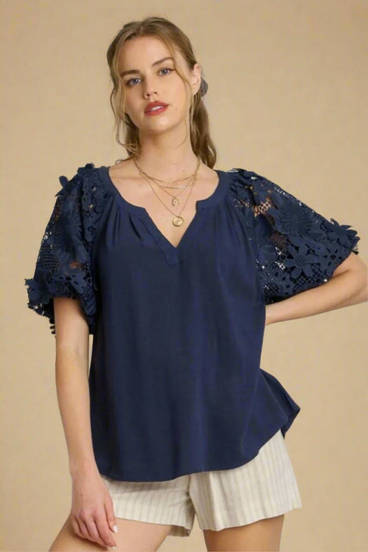 UMGEE - Floral Lace Sleeve Navy Blouse