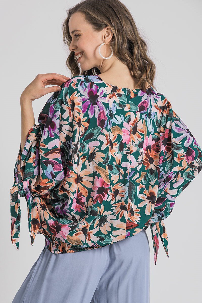 UMGEE - Floral V - Neck Tie Sleeve Blouse in Forest