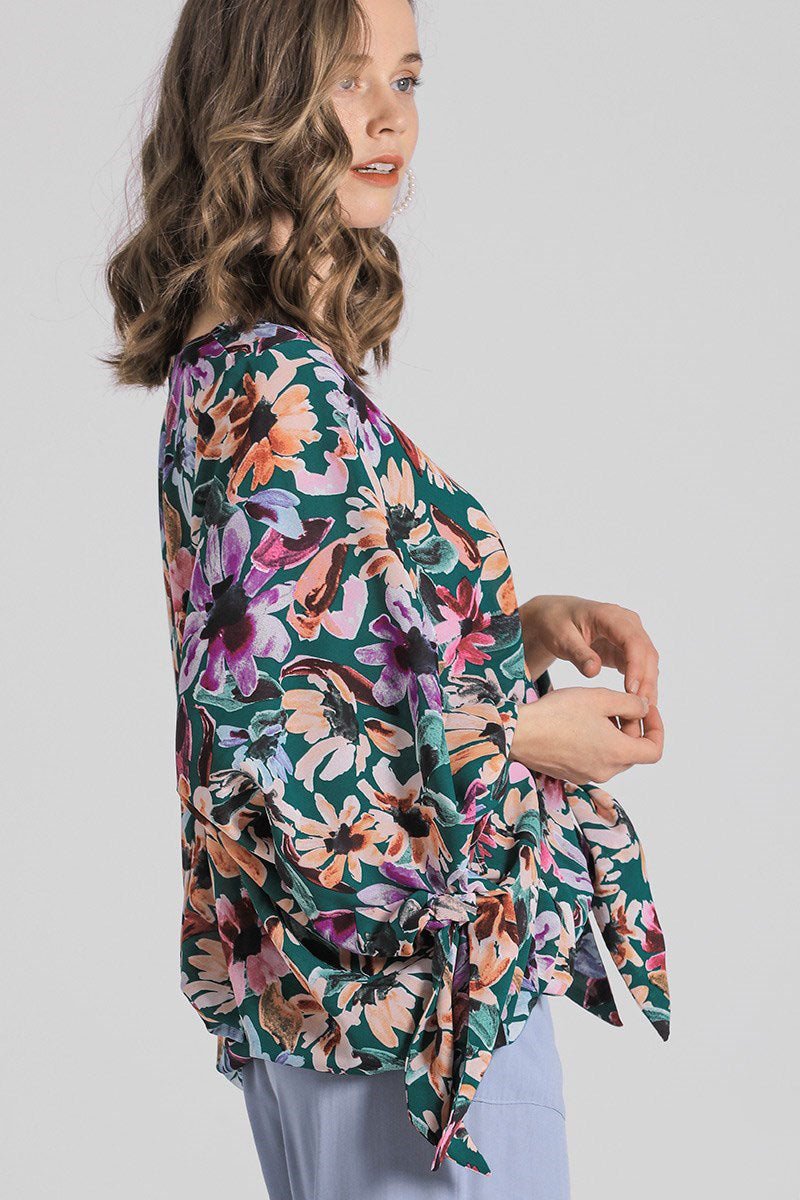 UMGEE - Floral V - Neck Tie Sleeve Blouse in Forest