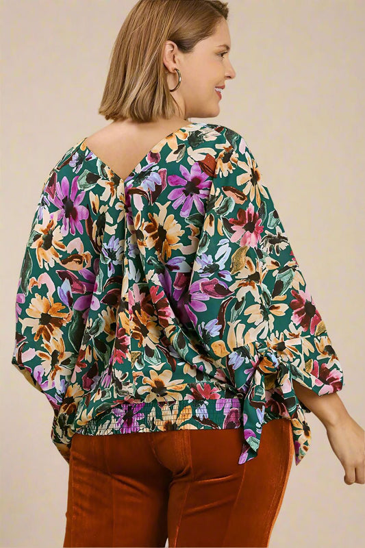 UMGEE - Floral V - Neck Tie Sleeve Blouse in Forest